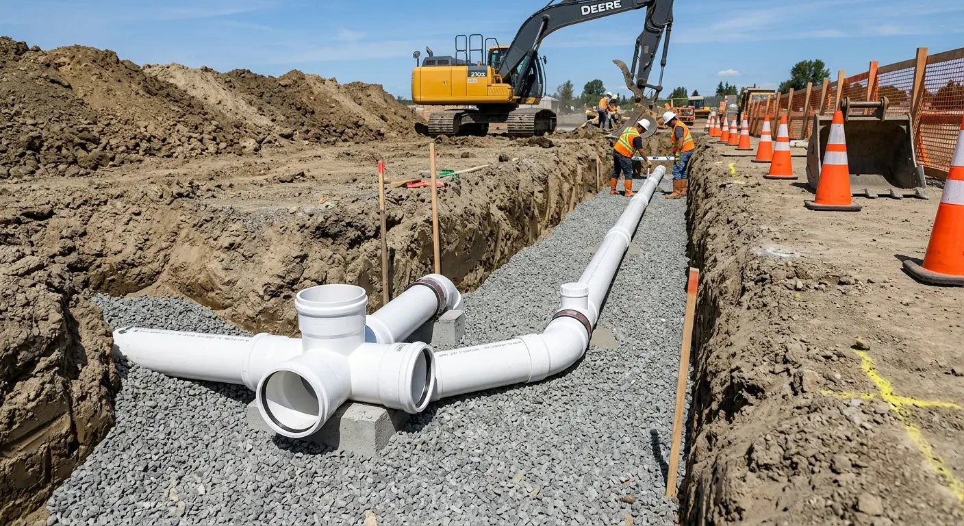 New PVC sewer pipe installation in open trench for Commercial Drain Cleaning in Springfield