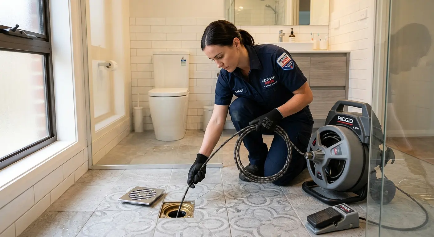 Technician clearing a bathroom floor drain for Hydro Jetting in Springfield